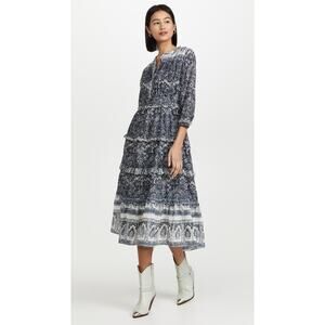 Cleobella Dalia Rishi Block Print Organic Cotton Midi Dress Blue Gray